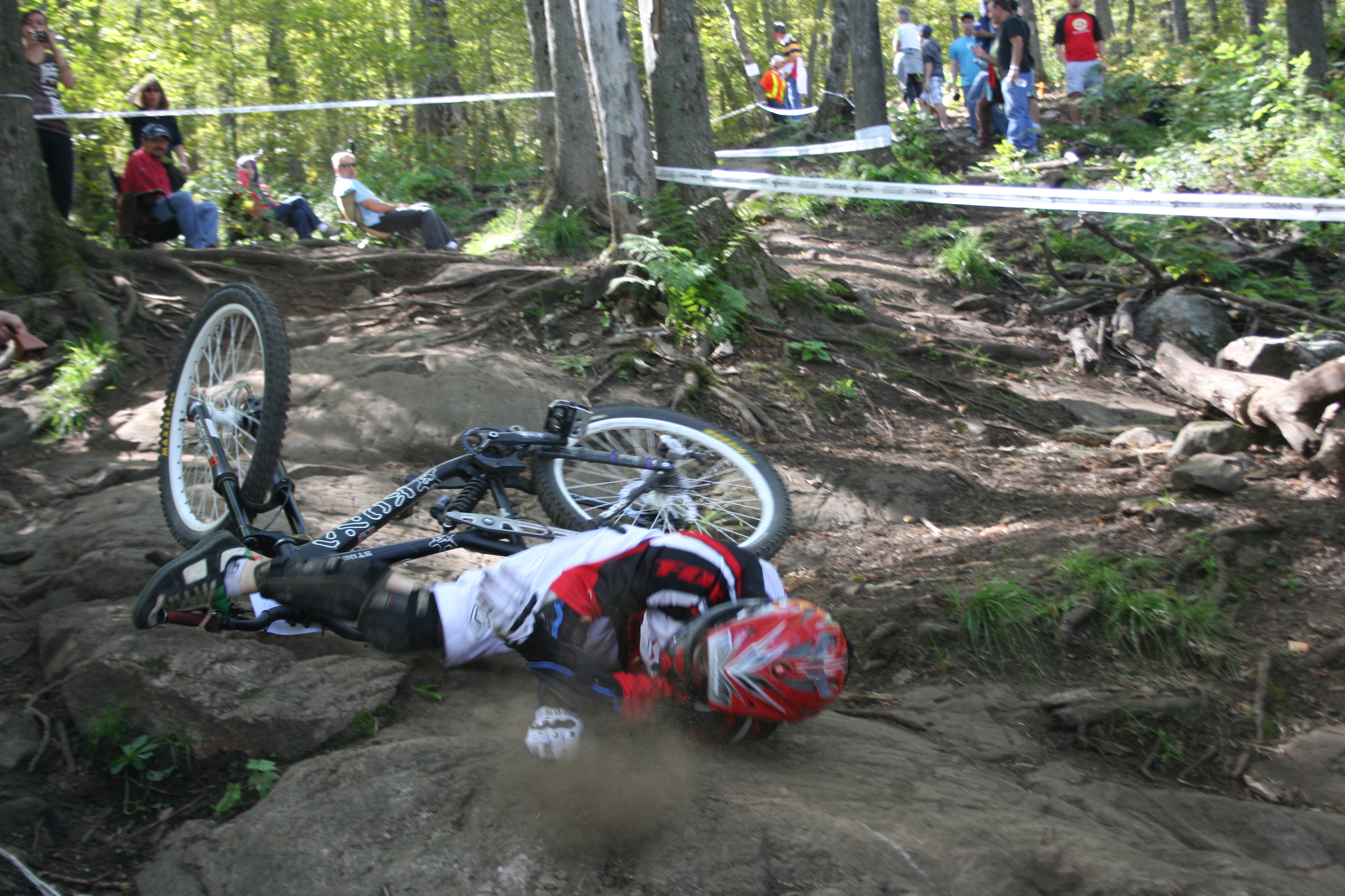 Downhill racer crashing on National at Camp Fortune, Chelsea, Quebec.
